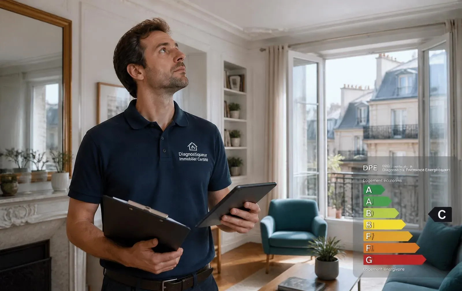 Diagnostiqueur immobilier certifié inspectant un appartement français avec tablette et étiquette DPE