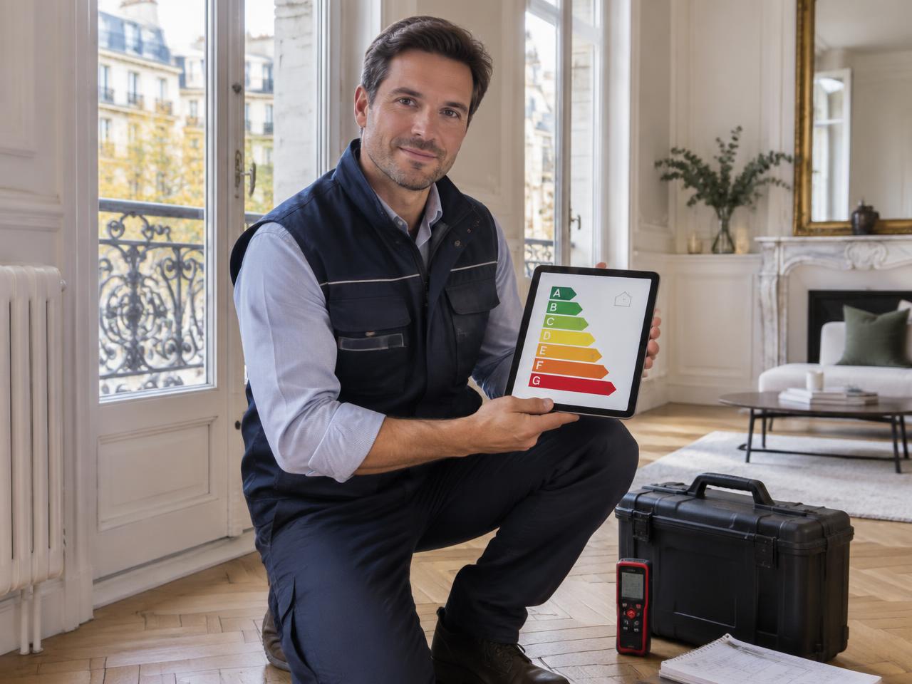 Diagnostiqueur immobilier certifié présentant un DPE dans un appartement haussmannien